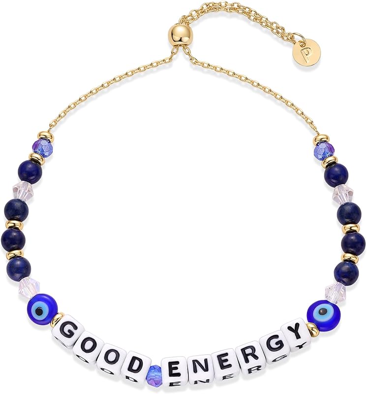 PAVOI Pulseras de piedras preciosas con cuentas de mal de ojo de mantra de colores chapadas en oro de 14 quilates para mujer | Pulseras de cuentas de amistad ajustables con palabras | Soy suficiente valiente Respira buena energía en mi era Agradecido por tener esta pulsera de afirmación