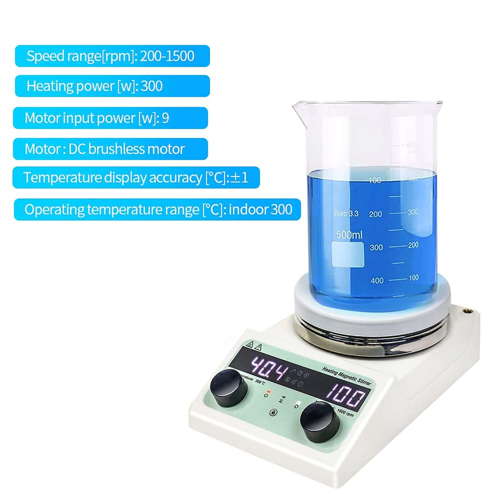 Agitador magnético Digital de Placa calefactora con función de temporización, Placa de agitación de Laboratorio con Barra agitadora y Sensor de Temperatura, 100-1500 RPM, Mezclador