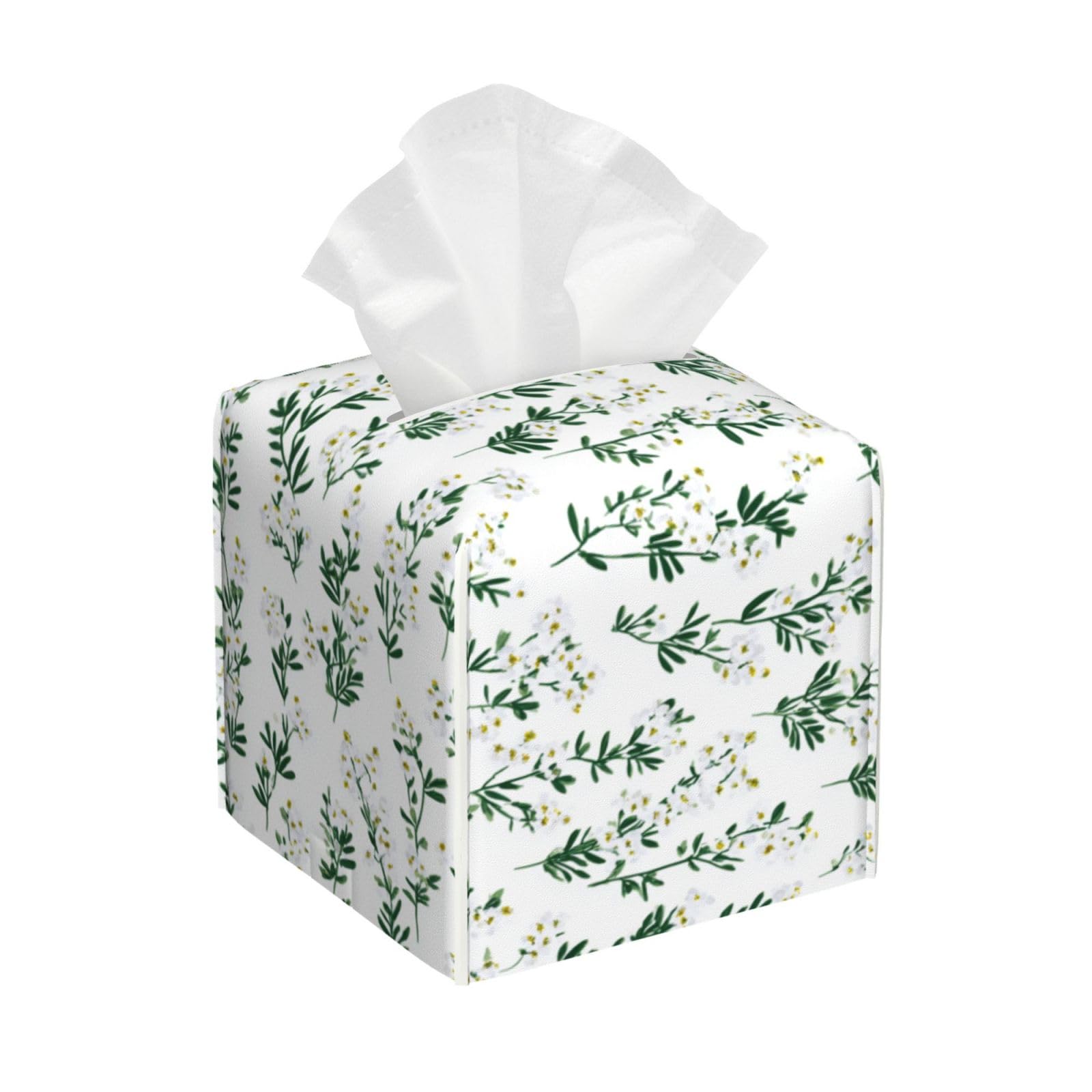 Tiny Spring Flowers and Greeneery Tissue Box Cover Square Pu Leather Waterproof Tissue Box Holder for Car Bathroom Bedroom Office Tabletop Decor