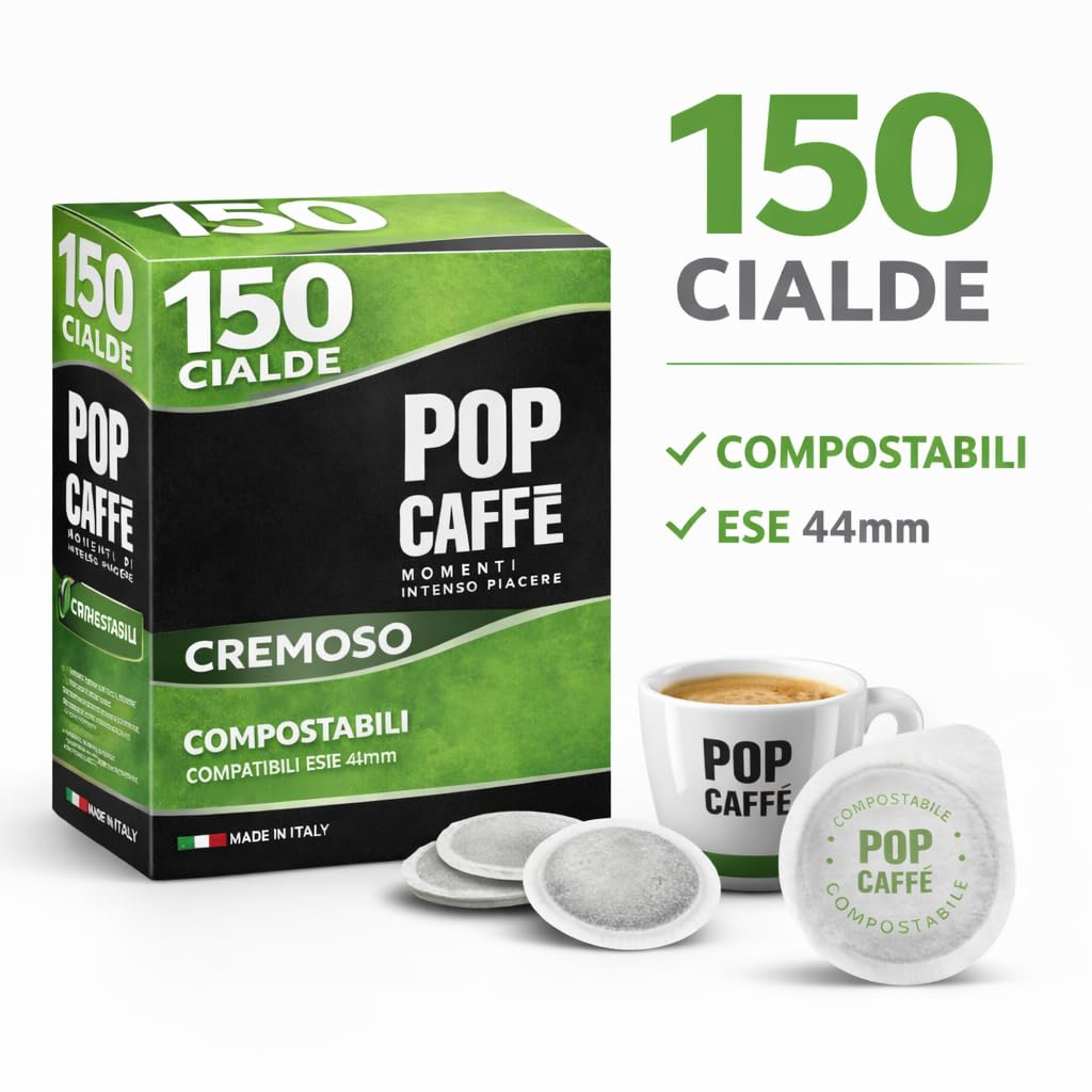 POP Caffè Cialde ESE 44 Compostabili – 150 Cialde Caffè Miscela Rossa Cremosa, Espresso Intenso, Compatibili con Macchine ESE 44mm