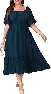Plus Size Formal Wedding Guest Dress for Curvy Women Square Neck Flutter Sleeve Empire Waist Flowy Maxi Dresses
