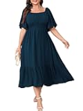 CICIDUDU Plus Size Smocked Maxi Dresses for Curvy Women Square Neck Flowy Casual Summer Wedding Guest Dress