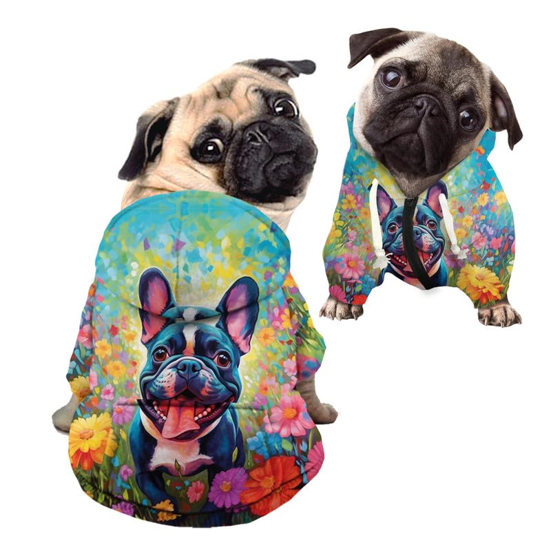 Kuiaobaty Cute French Bulldog Print Dog Hoodies Zipper Cloth Outfits for Small Dogs Cats, Colorful Floral Dog Sweatshirt Puppy Jumper with Hooded — image 1