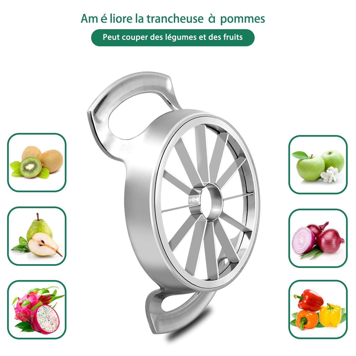 Trancheuse de pommes en acier inoxydable 12 lames extra large coupe jusqu'à 4 pouces