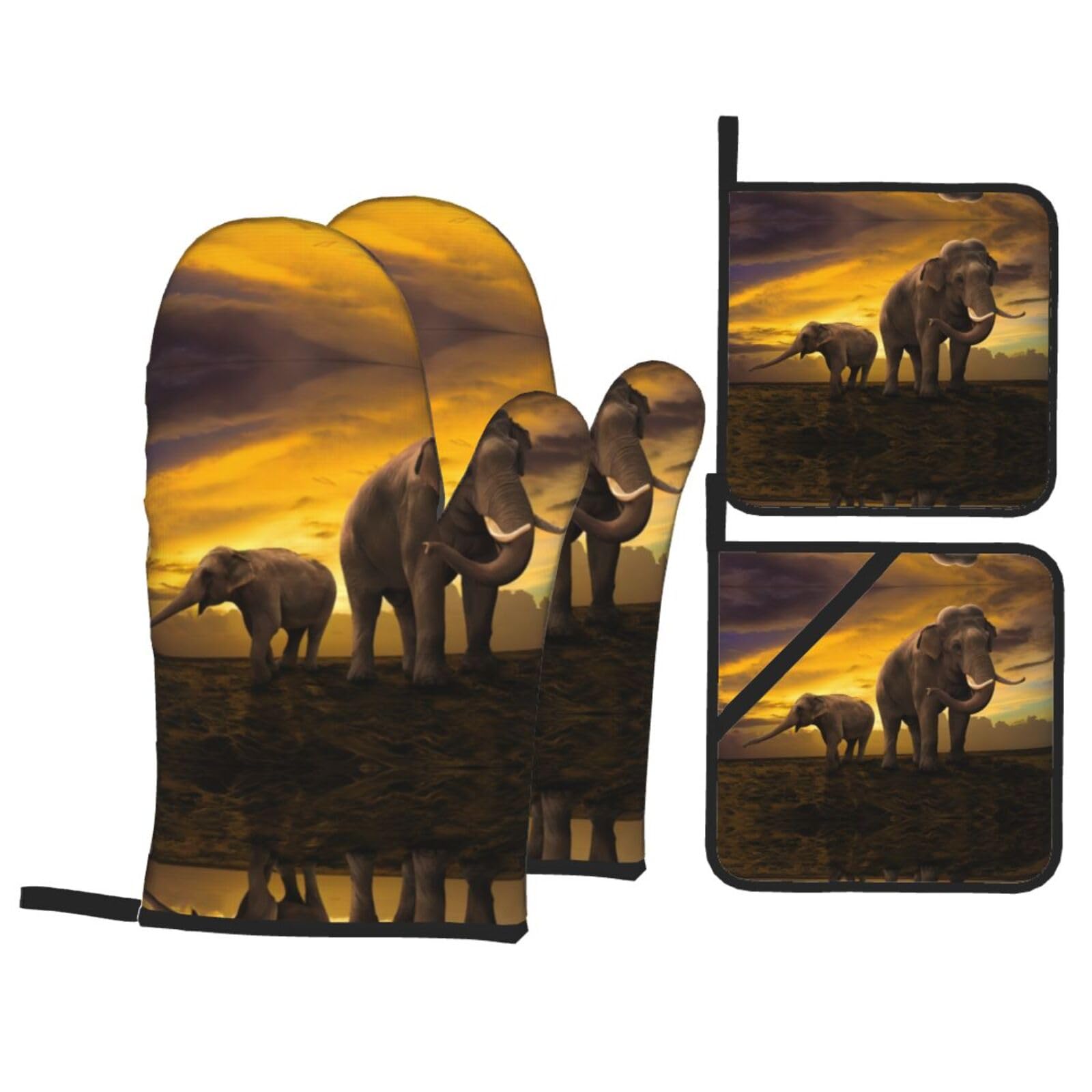Sunset Parent-Child Elephant Printed Baking 4-Piece Set, includes oven mitts and a heat-resistant mat, suitable for oven and BBQ use