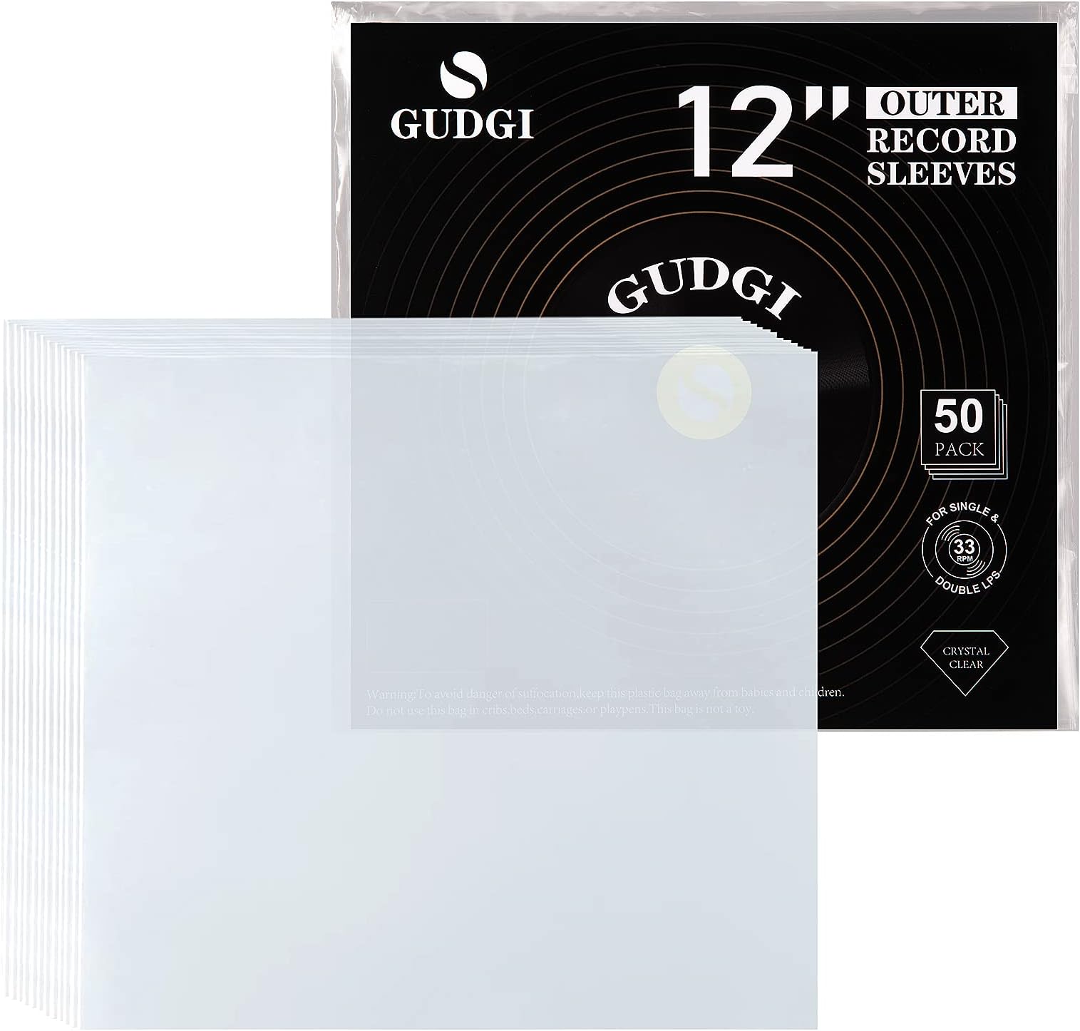 GUDGI 50 Pack Vinyl Record Outer Sleeves, 12" Clear 3 Mil Thick Protective LP Outer Sleeves Wrinkle Free Vinyl Record Sleeves to Protect Your LP Collection
