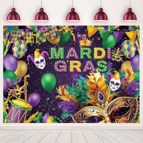 MHLSWY 7x5FT Mardi Party Photography Backdrop Purple Green Gold Carnival Mask Feather Banner Decor Photo Booth Background Cloth Studio Props Supplies