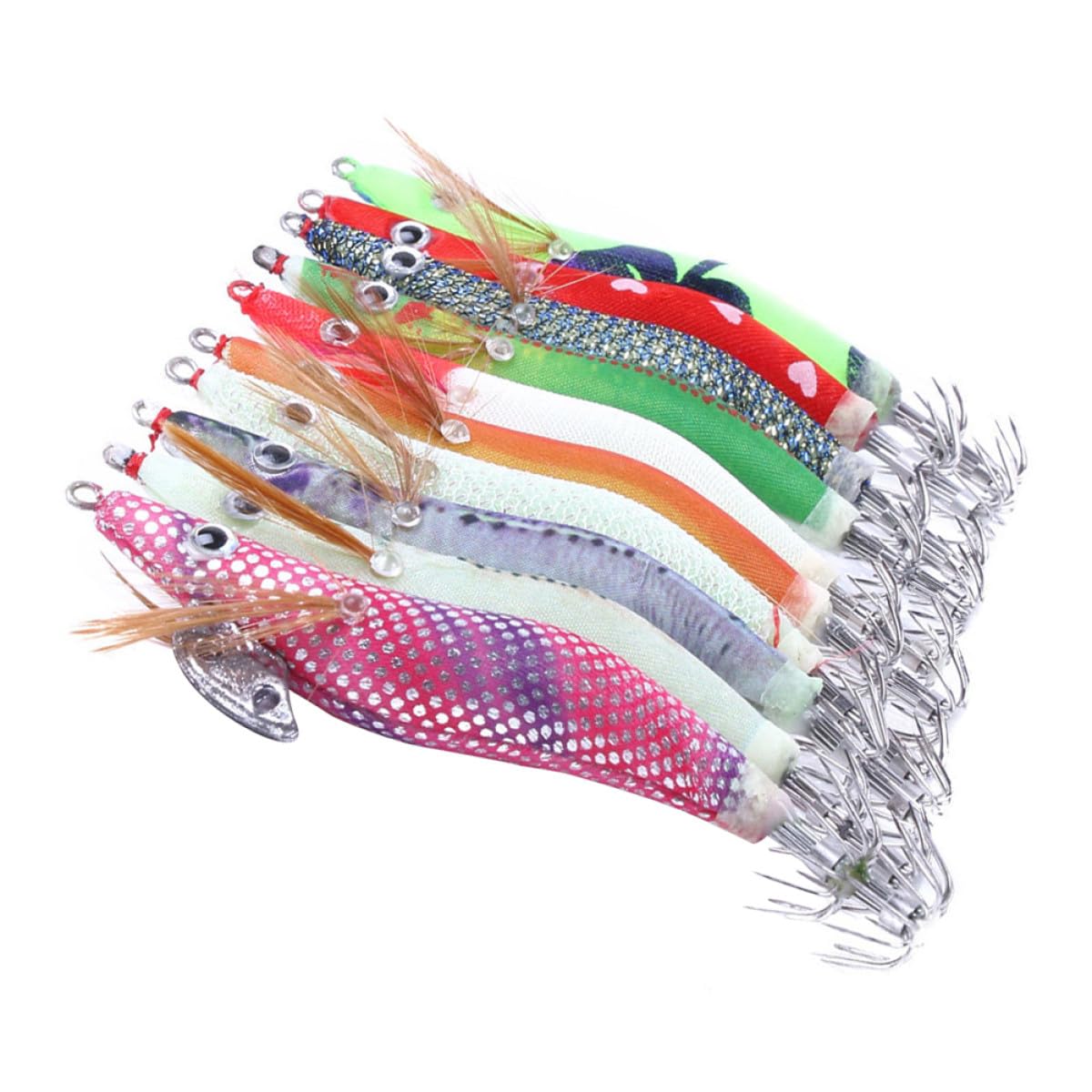 YARNOW Set 10 Pezzi Ganci Esca da Pesca Calamaro e Gambero in Plastica e Acciaio, Realistici e Vividi, per Pesca in Mare, Confezionati in Scatola Compatta