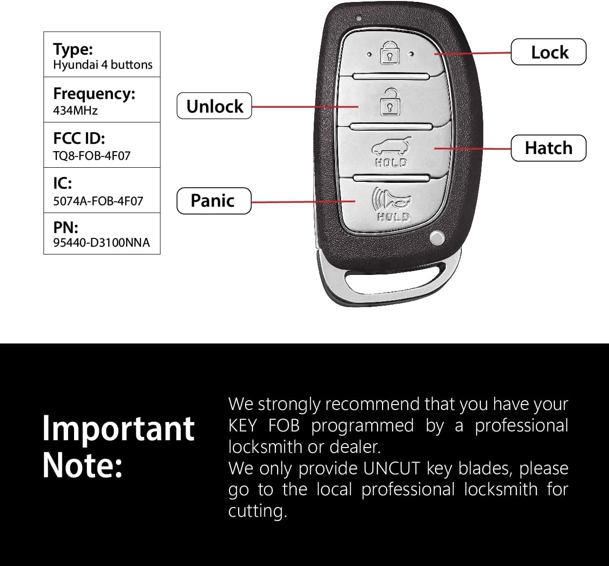 Replacement for 2016 2017 Hyundai Tucson Key Fob Remote Control TQ8-FOB-4F07 4 Buttons 434MHz