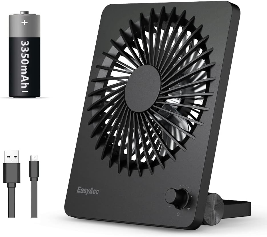 EasyAcc Desk Fan Battery Rechargeable, 5200 mAh Portable Personal Travel Fan, Max 26Hrs Runtime, Stepless Speed, 180°Foldable, Desk Fan Small Quiet for Bedroom Office, Cruise Travel Essentials 2026