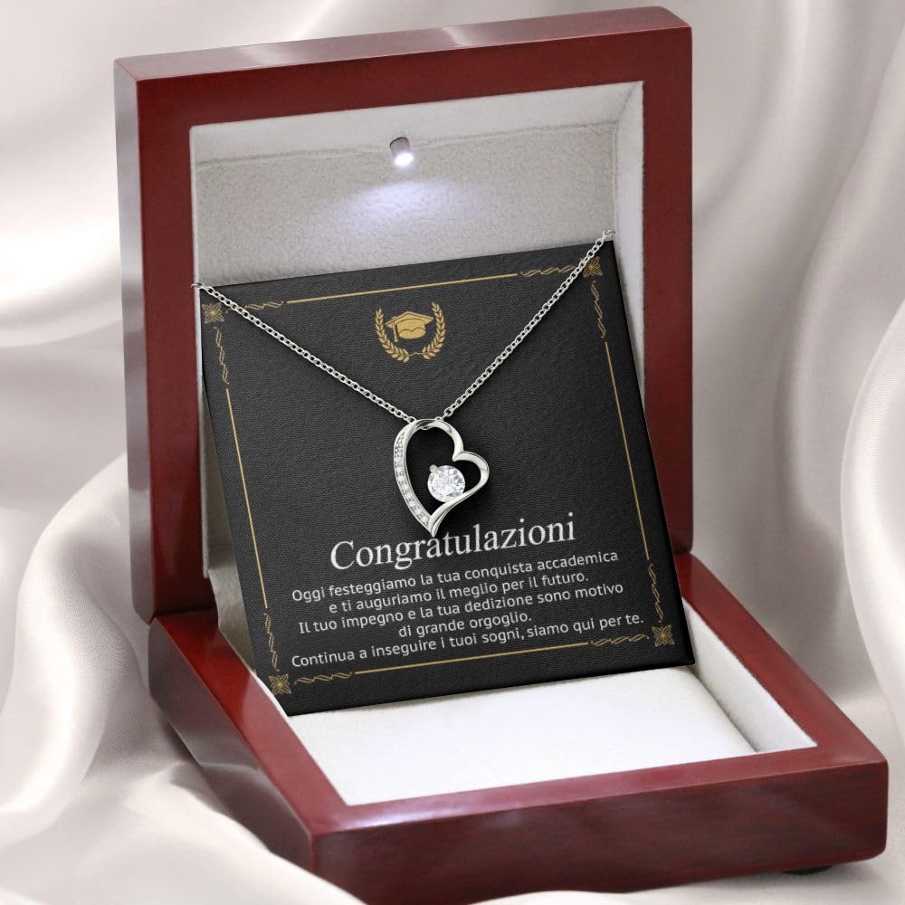 Collana Laurea con dedica, Colore argento Argento, per Uomo o Donna, Ciondolo a Forma di Cuore, o collana in acciaio inox, Regalo Perfetto per Laurea, diploma, con Cofanetto LED e Messaggio