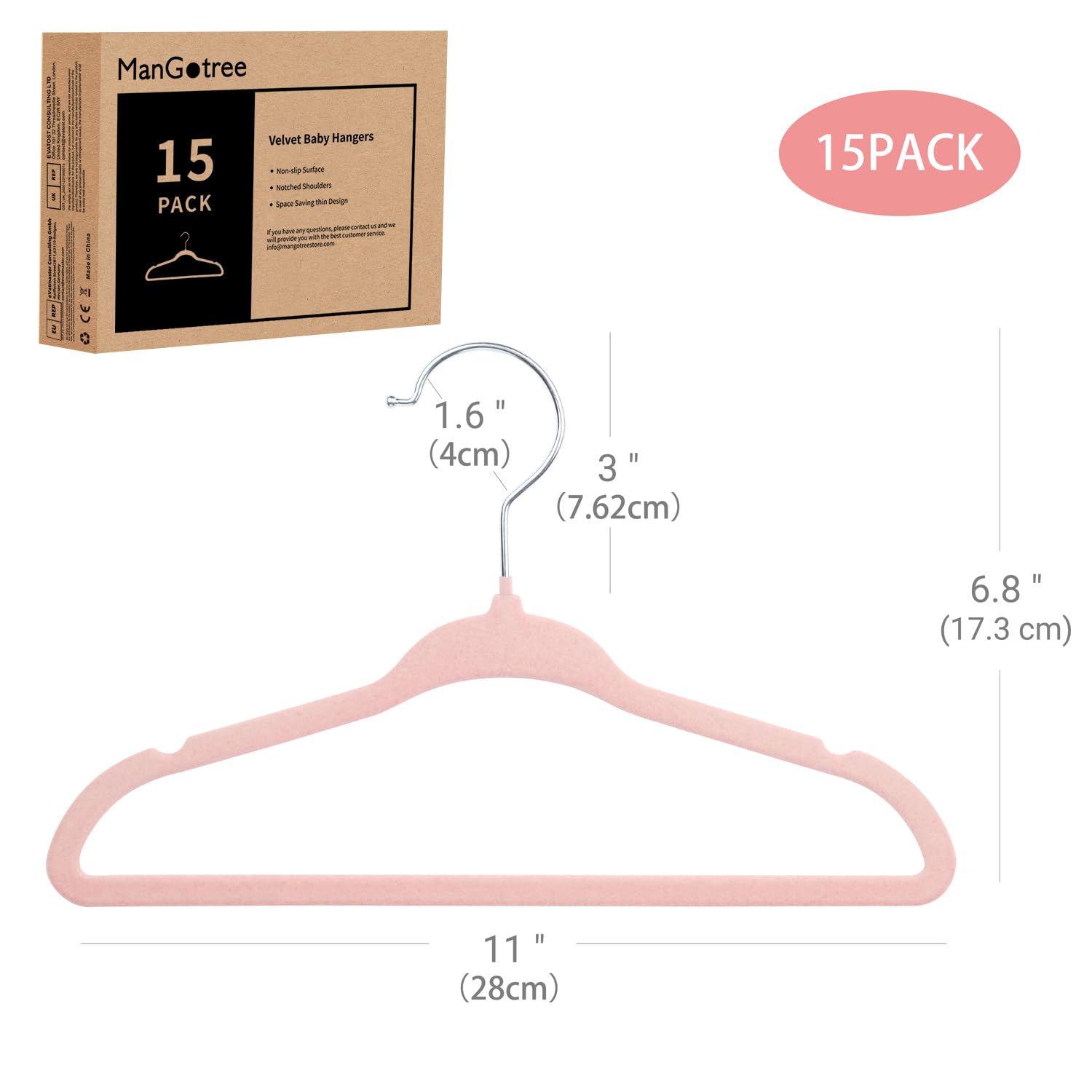 ManGotree Aksamitny wieszak na ubrania dla niemowląt i małych dzieci, rozmiar 28 cm, obracany o 360 stopni, ultra cienki i antypoślizgowy design, 15 sztuk (kolor jasnoróżowy)