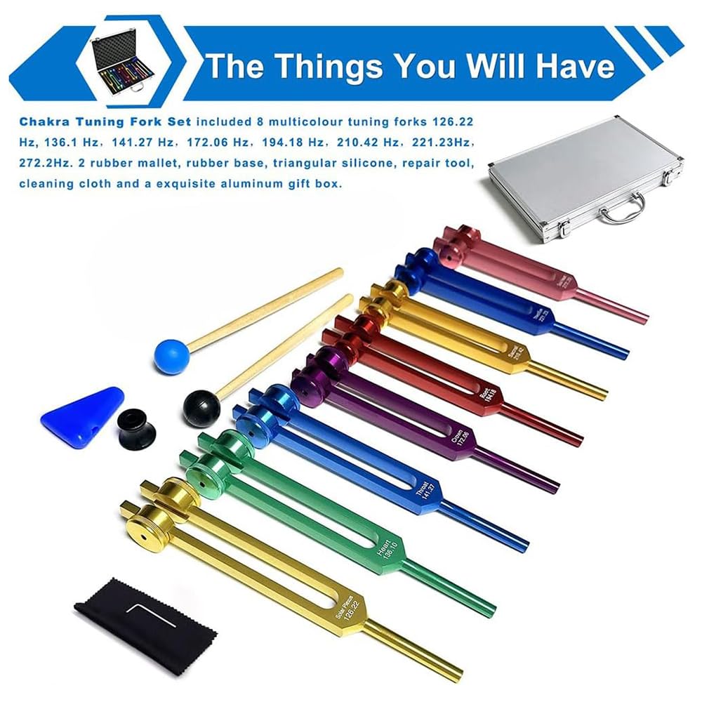 NEWFUN Diapason,Diapason Neurologico,Set di 8 pezzi con base + 1 martelli in silicone e panno per la pulizia, ideale per la terapia, per la terapia dei chakra, la terapia del suono, l'antistress