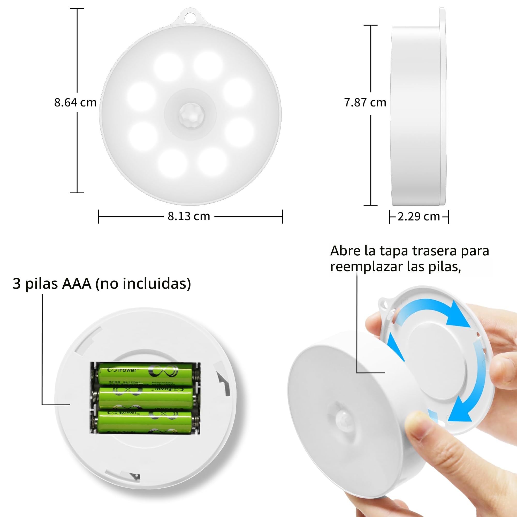 daphomeu Luz led nocturna con sensor de movimiento, Funciona con 3 pilas AAA. iluminación de armario, sensor de movimiento interior para escaleras, dormitorio, cocina. (blanco frío,3 Piezas)