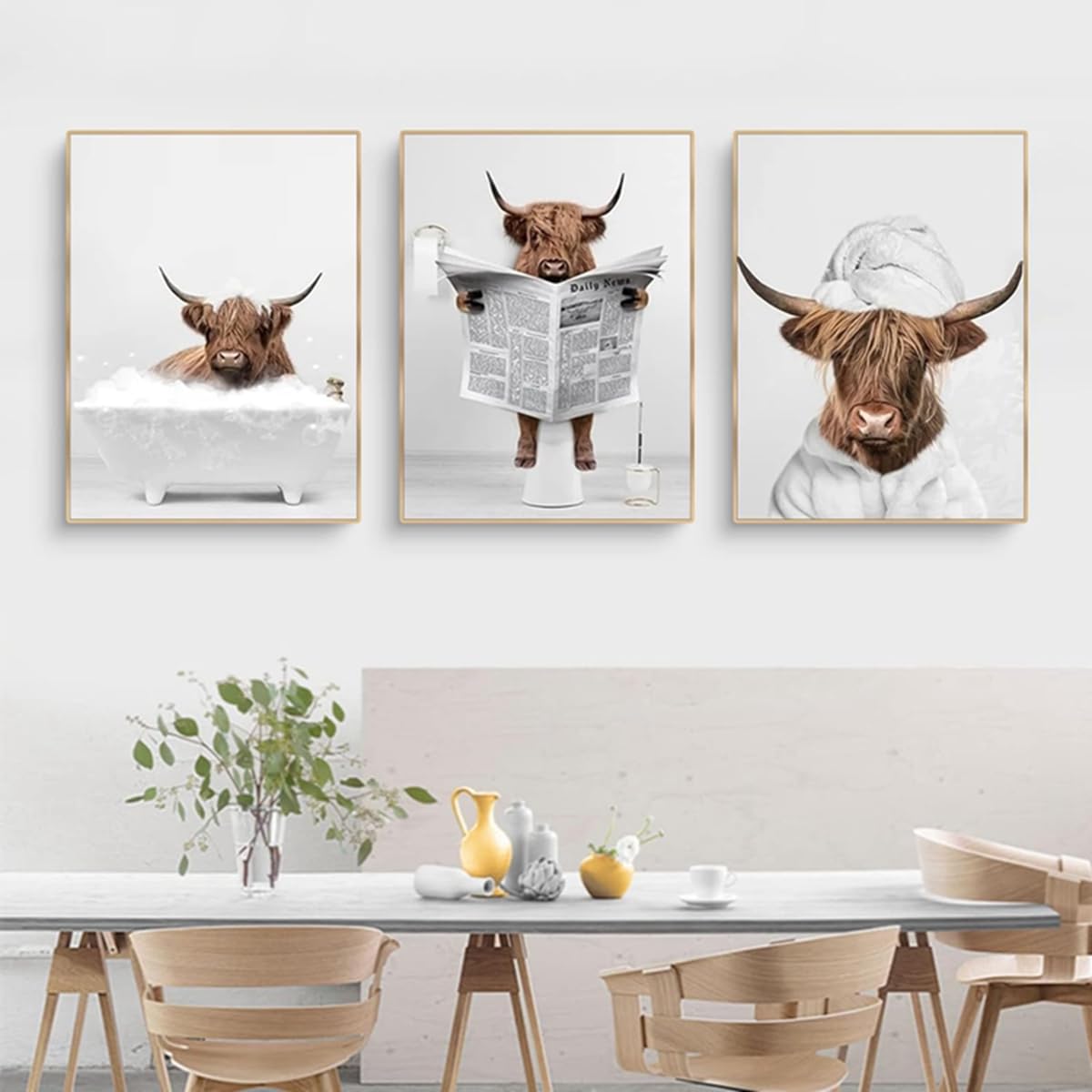 Set of 3 Posters Highland Cow Bathroom Posters, Pictures of Money Orangutans and Monkeys, Animal Black White Wall Art Prints - Image 2