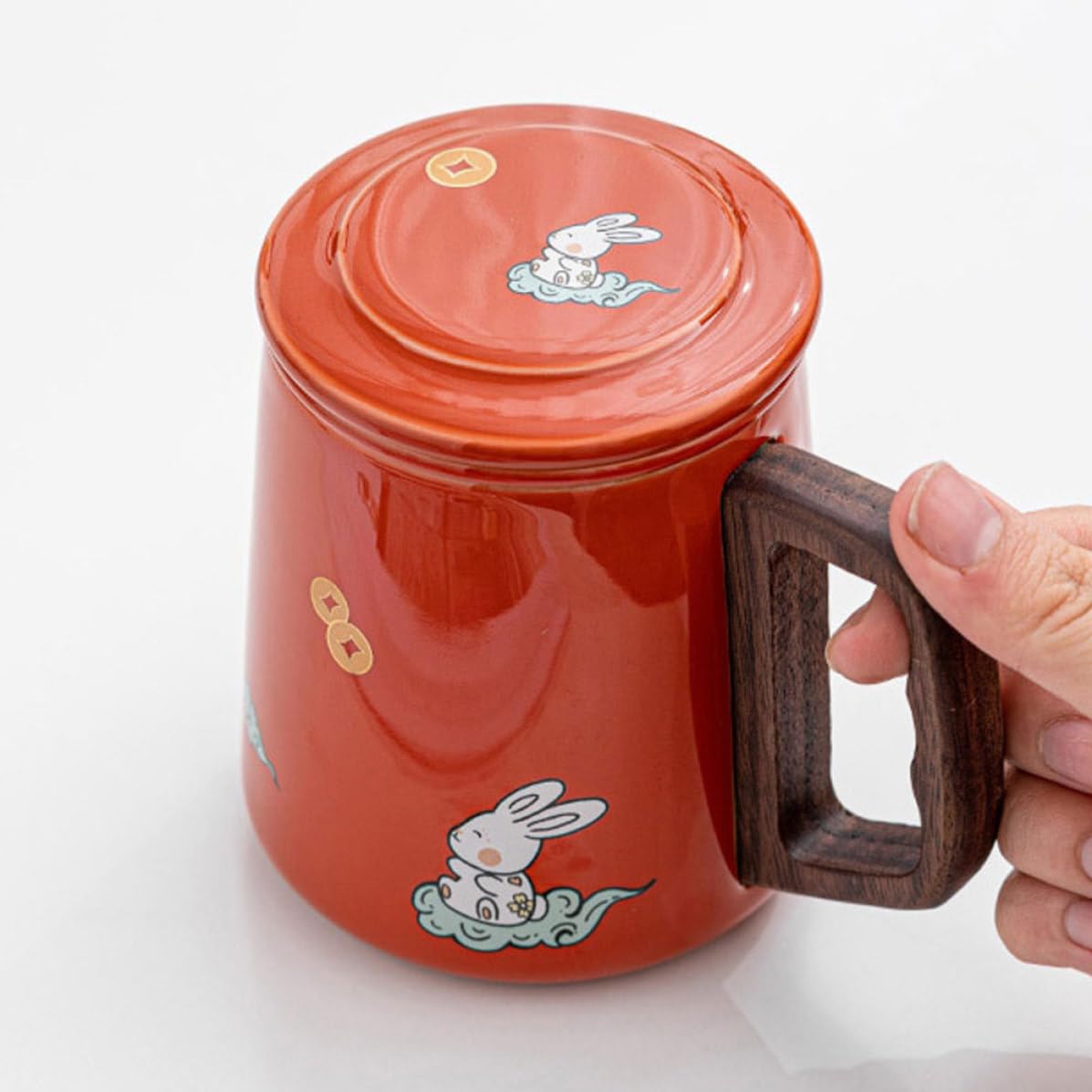 jojofuny Taza de Cerámica con Infusor y Tapa de Madera para Té de 400ml con Diseño Ergonómico y Asa Cómoda Adecuado para Oficina y Hogar