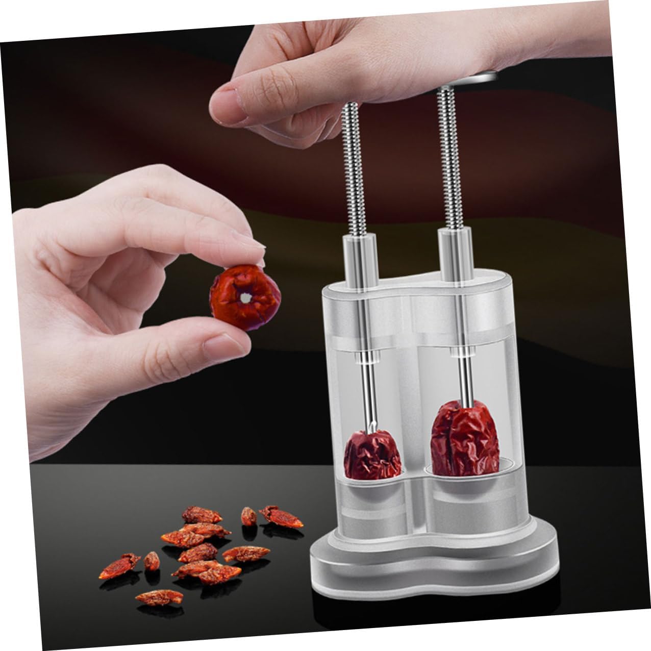 Stainless Steel Cherry Pitter Dual Red Date Core Remover Kitchen Fruit Pitter Tool with Automatic Spring for Efficient Pit Removal of Wet and Dry Dates