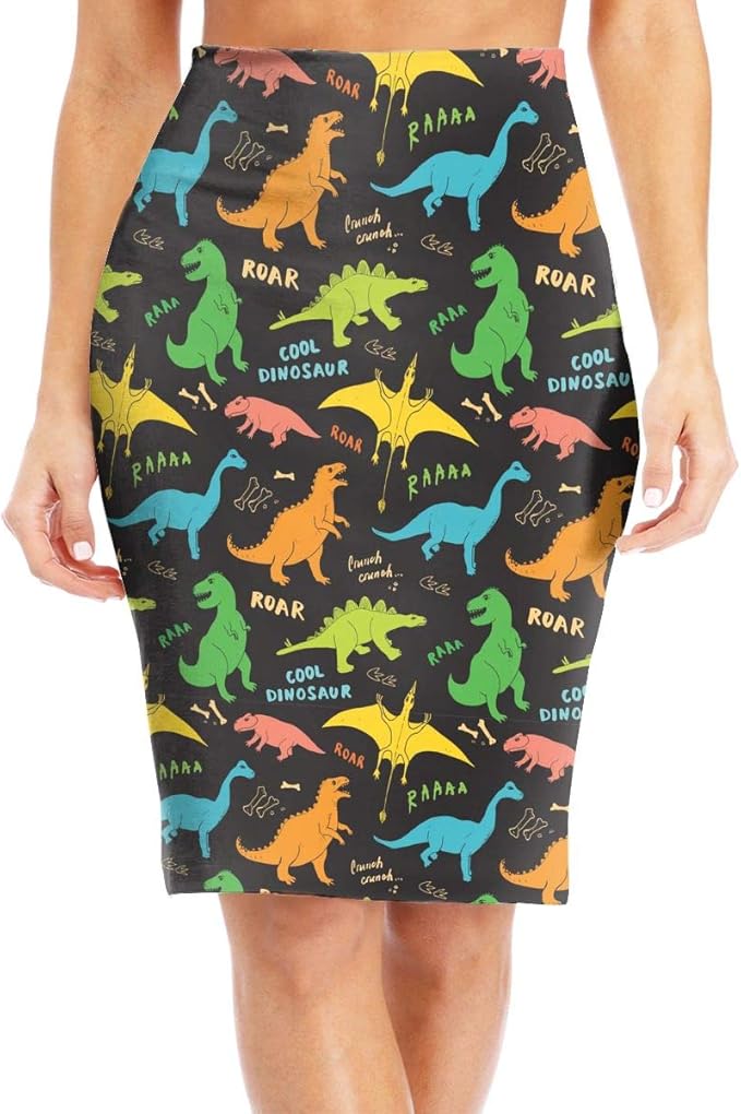Bigfei Cute Cartoon Dinosaurs Skirt Women's High Waist Bodycon Slim