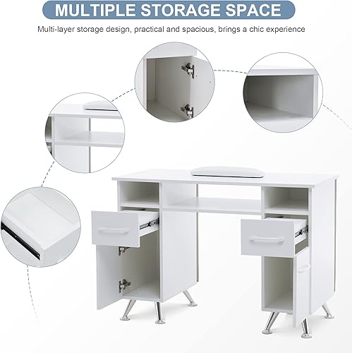 Miniatura 6 de BarberPub Mesa de manicura con cajones, escritorio de uñas resistente a la acetona, equipo de almacenamiento de salón de spa 2671 (blanco y gris)