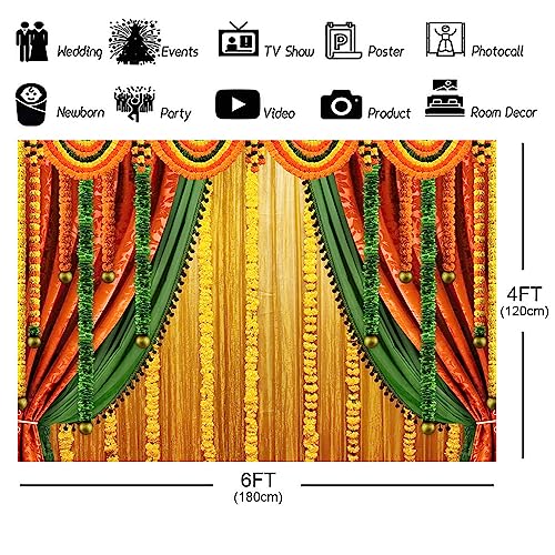 Image of Lofaris India Pooja Photography Backdrop Puja Ganpati Pooja Traditional Mehndi Festival Background Decorations Wedding Party Marigold Garlands Photo Props 6x4ft