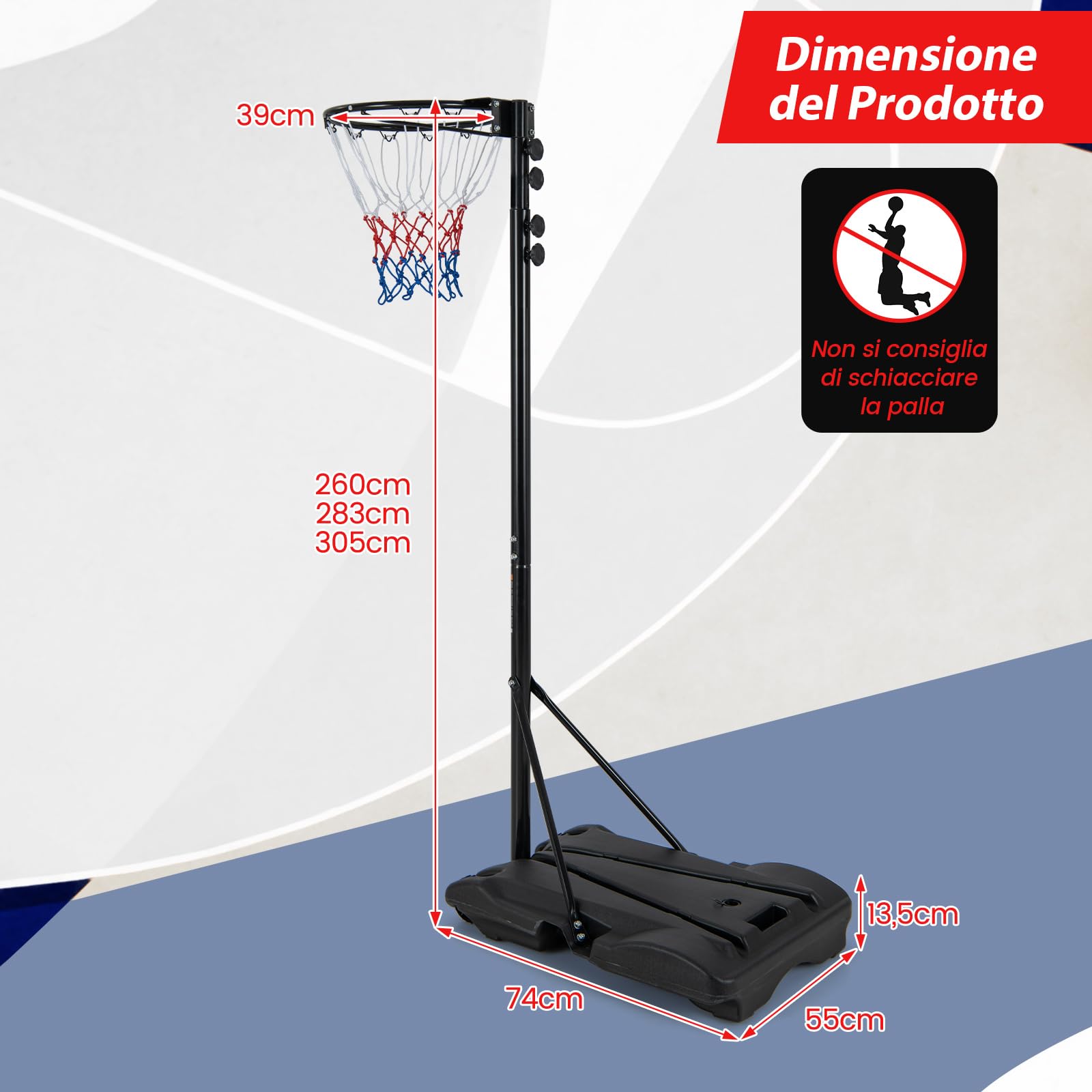 COSTWAY Supporto per Canestro da Basket Portatile e Regolabile in Altezza 206-305cm, Canestro da Basket da Esterno ed Interno con Base Riempibile e 2 Ruote Scorrevoli
