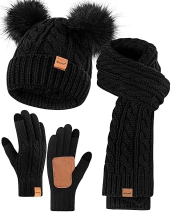 Winuesa Hat Scarf and Gloves Set Ladies, Winter Beanie Hat for Women with Pom Pom Fleece Lined, Bobble Hat Touchscreen Gloves Women Scarf Neck Warmer 3 in 1 Cold Weather Set