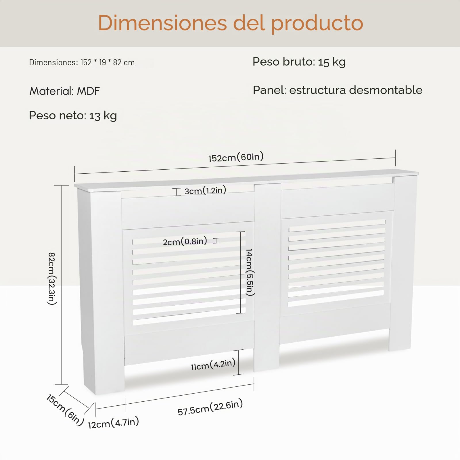 Buybyroom Buffets Altos, Cubierta Radiador, Cubierta Radiador Madera, Lattes Horizontales, para Salón, Dormitorio, Pasillo, 152 X 19 X 82 cm, MDF Blanco