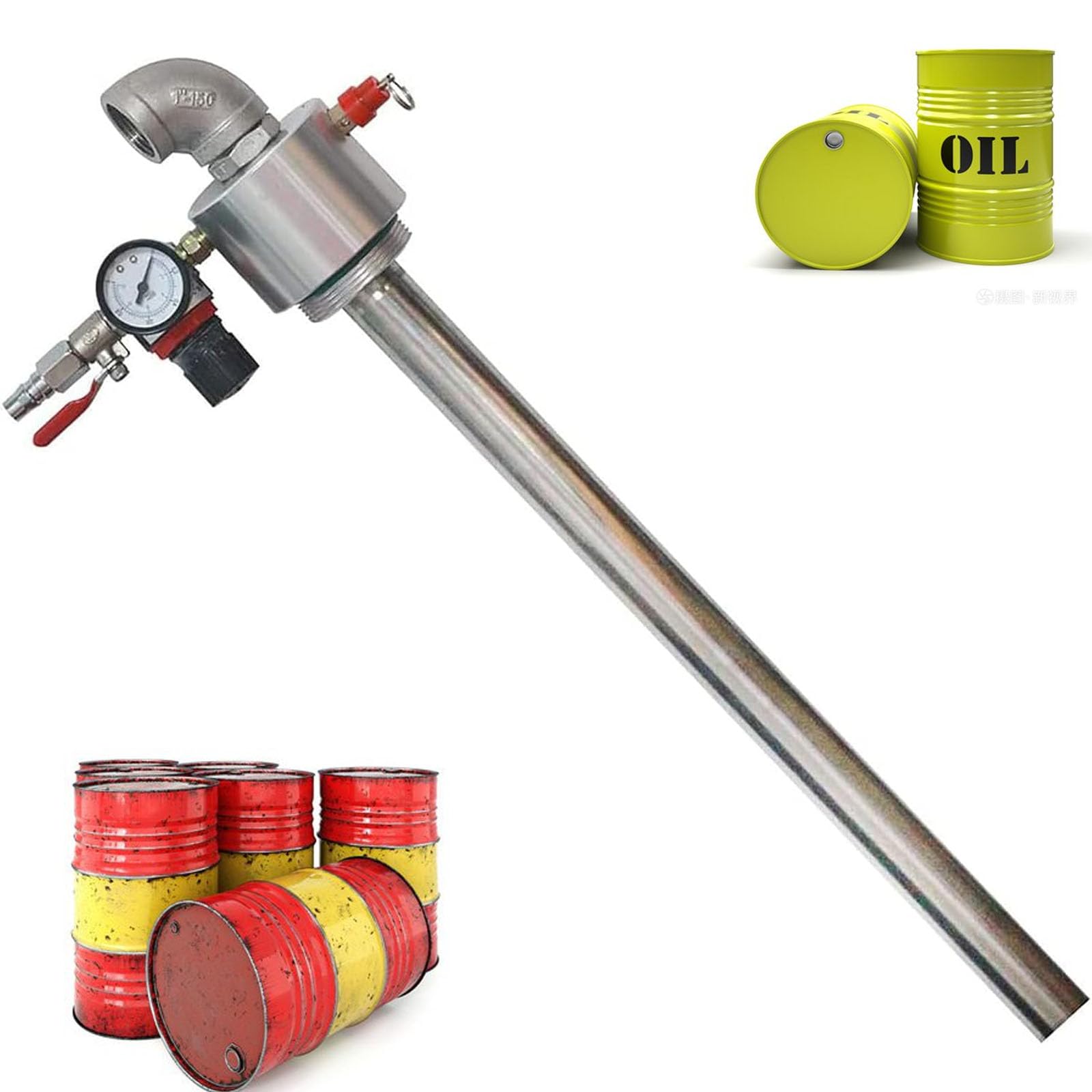 Pompa Pneumatica per Travaso Olio, Pompa Pneumatica per Fusti in Acciaio Inox con Manometro E Valvola di Sicurezza, Raccordo di Uscita Olio da 25 Mm, Lunghezza 98 Cm, per Fusti di Olio da