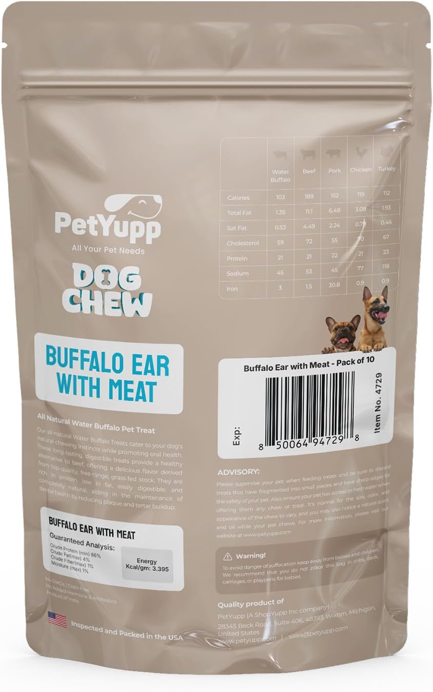 Water Buffalo Ears for Dogs, 10 Count - All Natural, Single Ingredient & Long-Lasting Beef Ears for Small, Medium & Large Dogs - Promotes Dental Health & Rawhide-Free Dog Treats