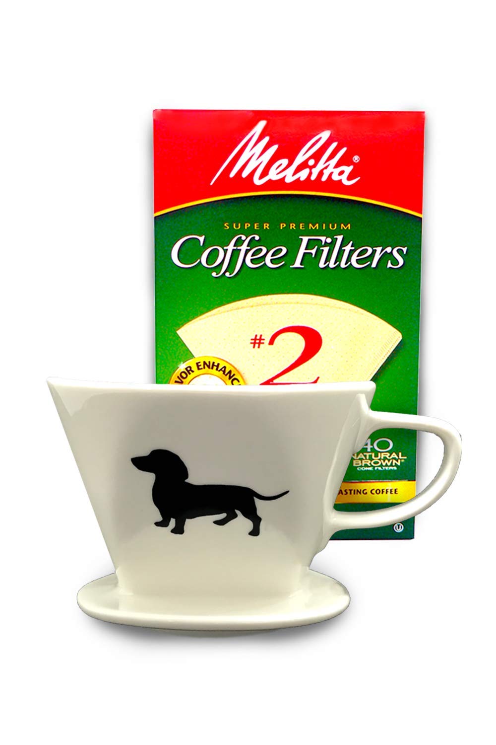 Simply CharmedDachshund Ceramic Coffee Pour Over or Dripper with Full Box of 40 Melitta Brown Size #2 Filters