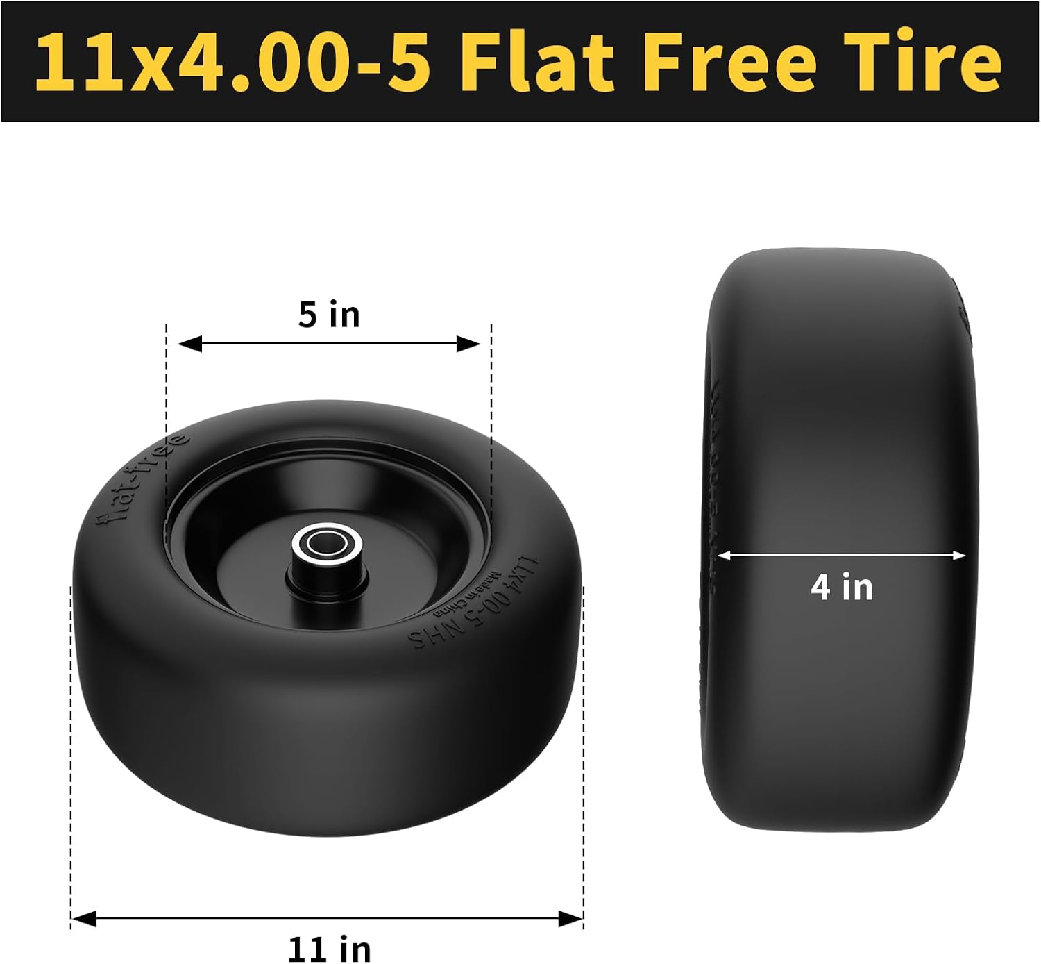 TEPU 11x4.00-5 Lawn Mower Tires Flat Free, Zero Turn Mower Front Tires, 11x4-5 Solid Tire With 3/4", 5/8" and 1/2" Bearings, 3.4"-5.8" Center Hub, 2Pack Black, 350Lbs, For Residential and Commercial
