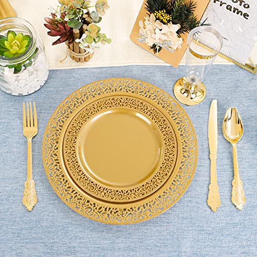 Dayammi 210Pcs Gold Disposable Plastic Plates With Gold Plastic Silverware And Cups For Party Wedding Include 30 Dinner Plates 30 Dessert Plates 30 Rolled Napkins With Cutlery 30 Cups #TOP2
