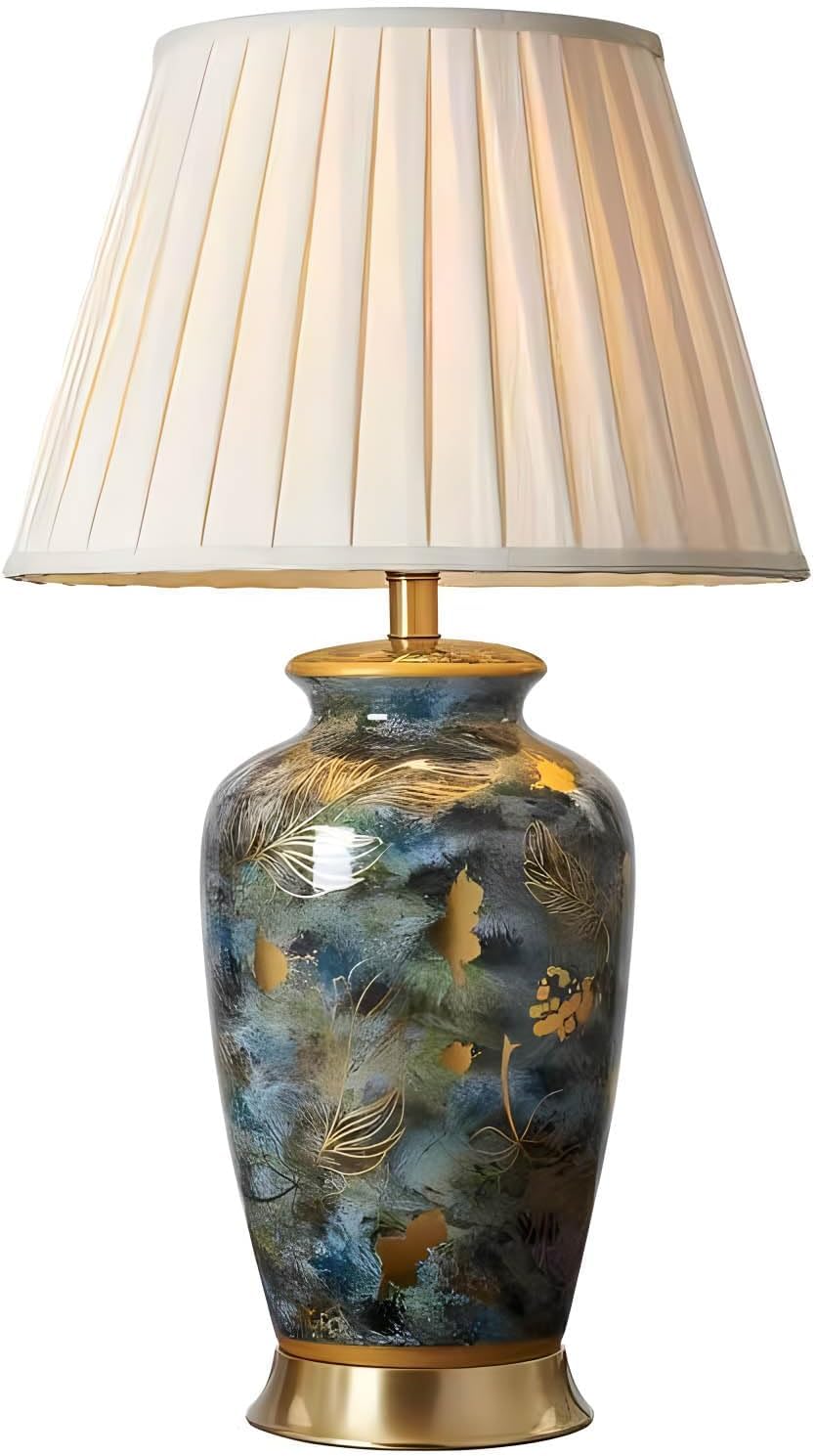 SANBDDLYY 26.7" Blue Green Ceramic Table Lamp - Vintage Oriental Porcelain Nightstand for Living Room, Bedroom, and Office(Pleated Shade)