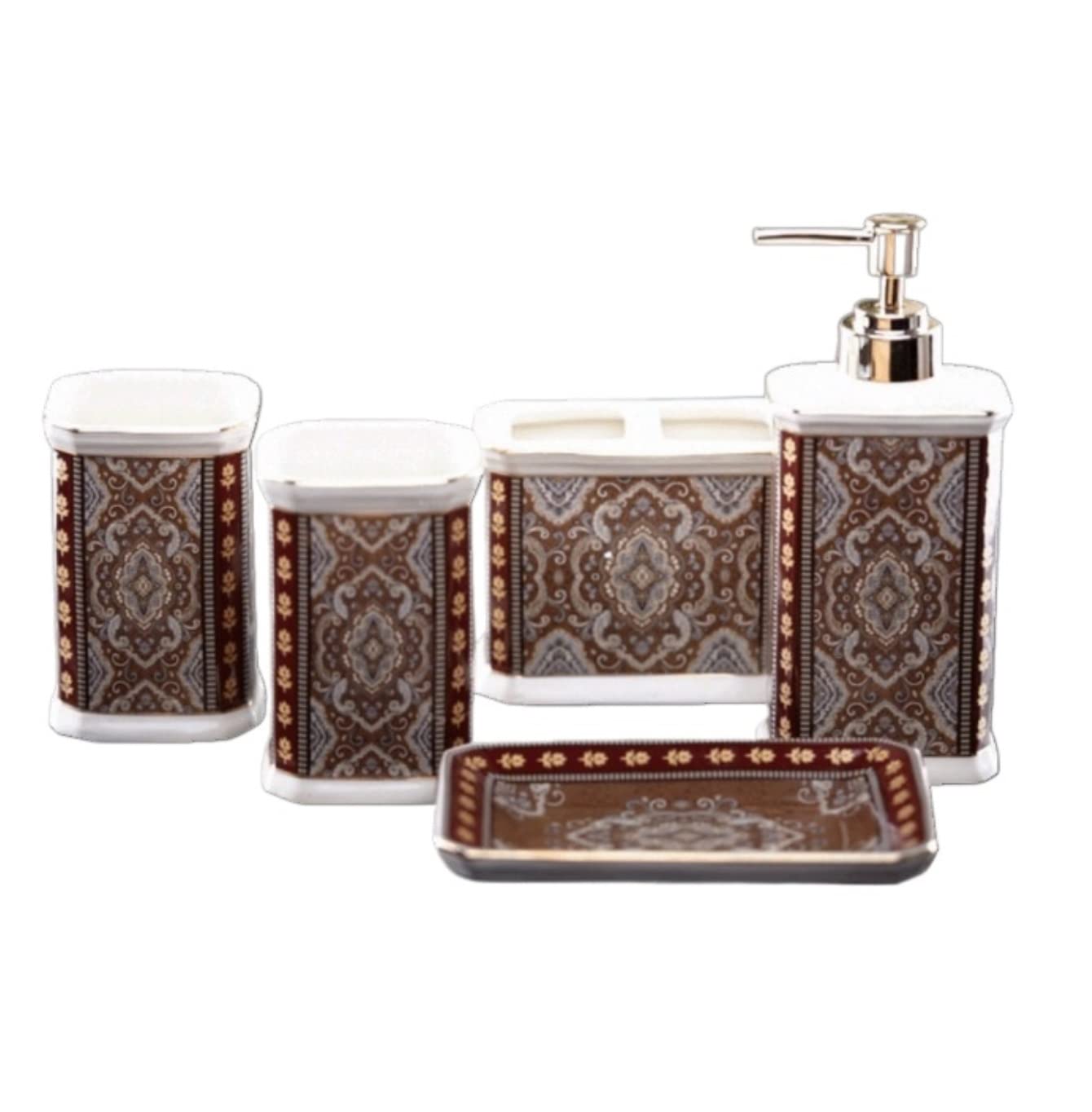 Decoracion Baño Encimera Baño Juego De Accesorios De Baño De 5 Uds., Juego De Cerámica, Cabeza Laminada De Borde Plateado De Plástico con Soporte para Cepillo De Dientes Utensilios Baño(Rot)