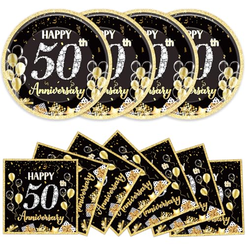 48Pcs 50th Anniversary Paper Plates Napkins Wedding Party Decorations Employee Career Retirements Party Supplies Black Gold Disposable Dinner Tableware Set for Birthday Anniversary Graduation Serve 24