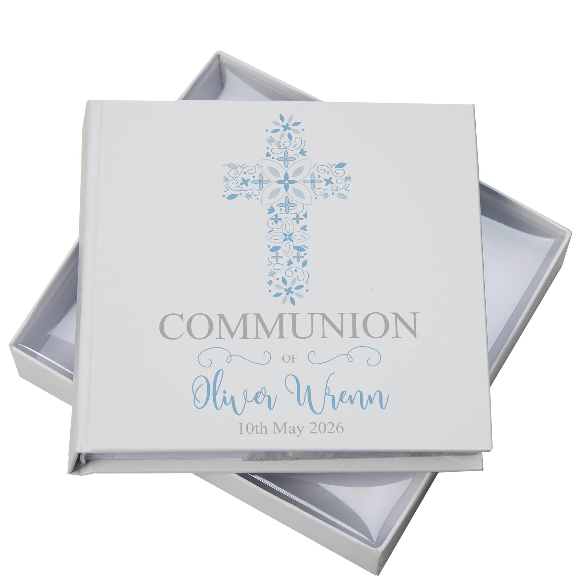 Ukgiftstoreonline White Personalised Communion Blue Ornate Cross Design Photo Album