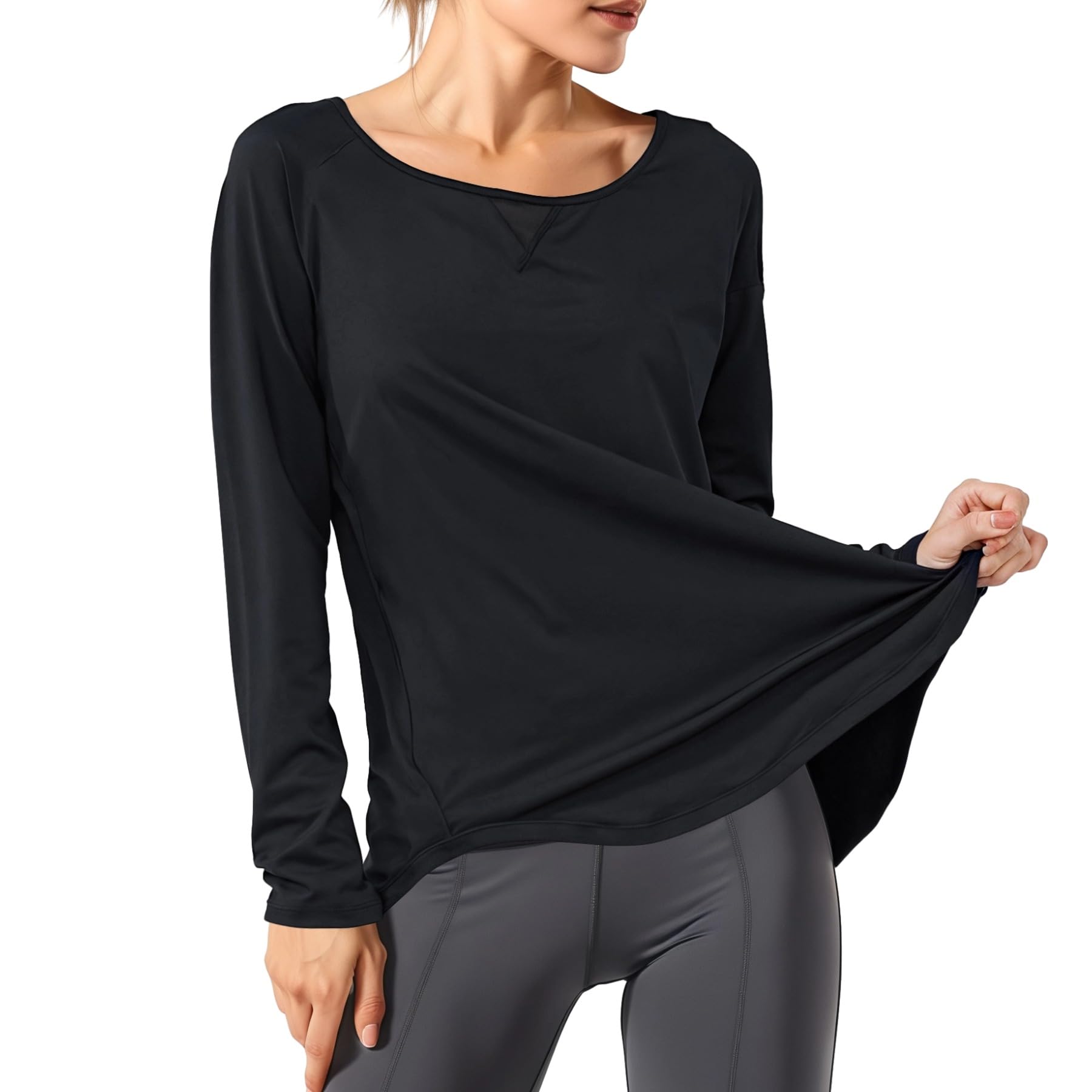 Top da yoga da donna, XXL, a maniche lunghe, in nylon spandex morbido ed elastico, ideale per yoga e fitness, traspirante e traspirante, design con colori scuri
