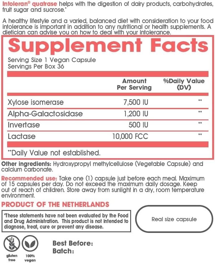 Miniatura 8 de Quatrase Forte Enzimas Digestivas - 36 cápsulas  Suplemento altamente dosificado para la intolerancia FODMAP  Ayuda a digerir la lactosa y los