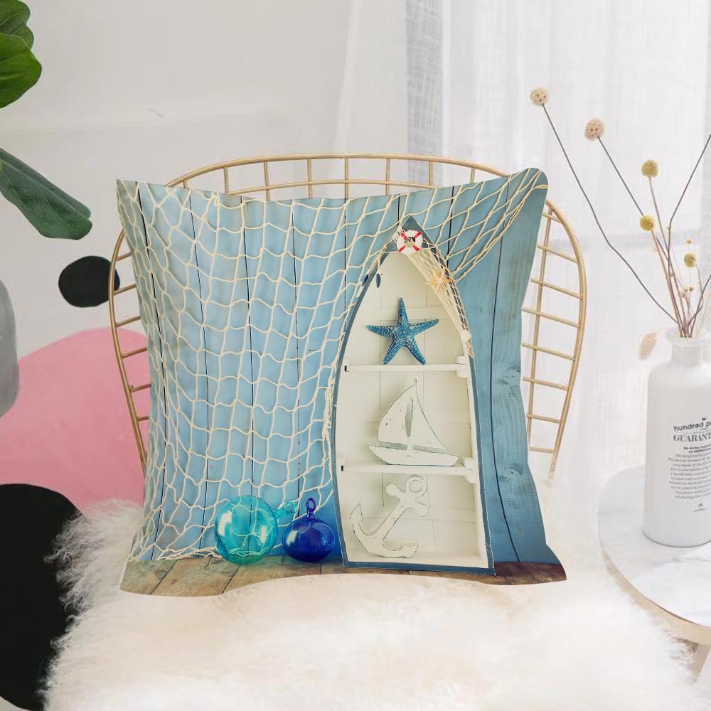 Hyosxw L Decoration, Sea Objects On Wood With Vinta - A10 Cushion Cover,Throw Pillow Case Home Decorative For Living Room Bedroom Sofa Chair 18X18 Inch,L Decoration, Sea Objects On Wood With Vintage Boat With,Pillowcase 45X45cm