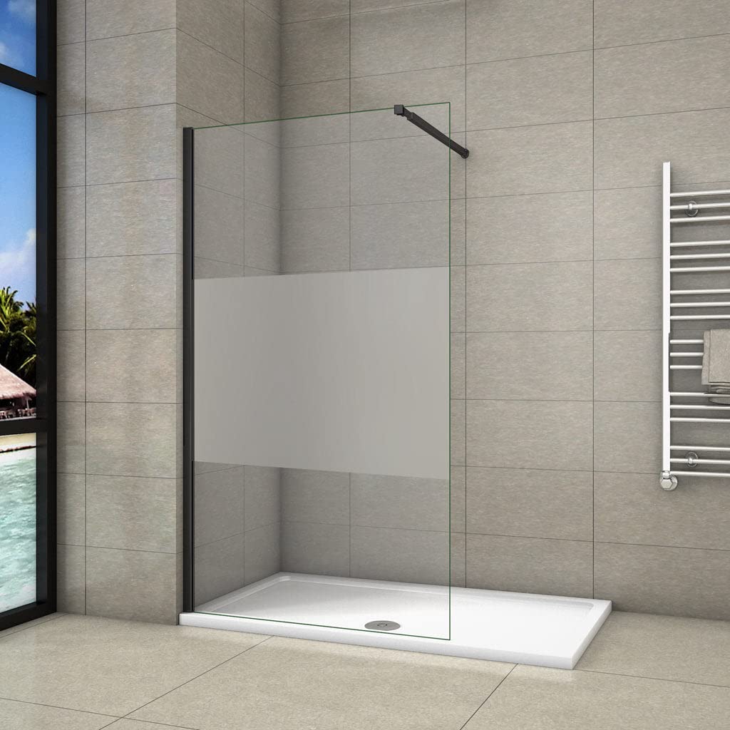 Walk In Parete Per Doccia 120x200 cm Vetro Temperato Anti-frantumi Anticalcare 8mm Striscia Satinata/Opaca Barra Stabilizzatrice da 73-120 cm Telaio Nero Opaco