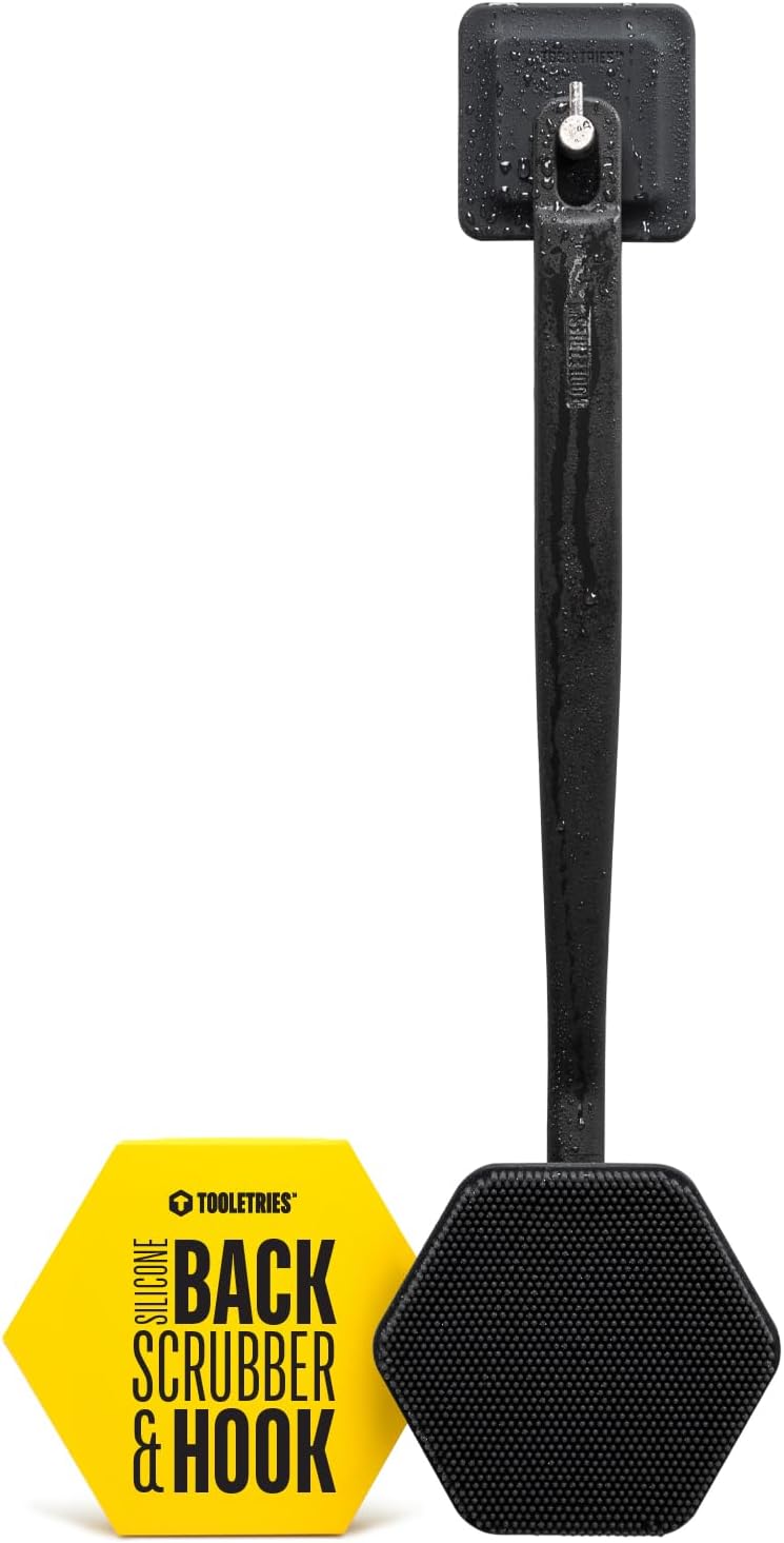 Silicone Back Scrubber with Hook - Exfoliating Shower Brush, Back Washer for Men, Durable Back Brush with Long Handle - Long Lasting Bath & Shower Accessories - Charcoal