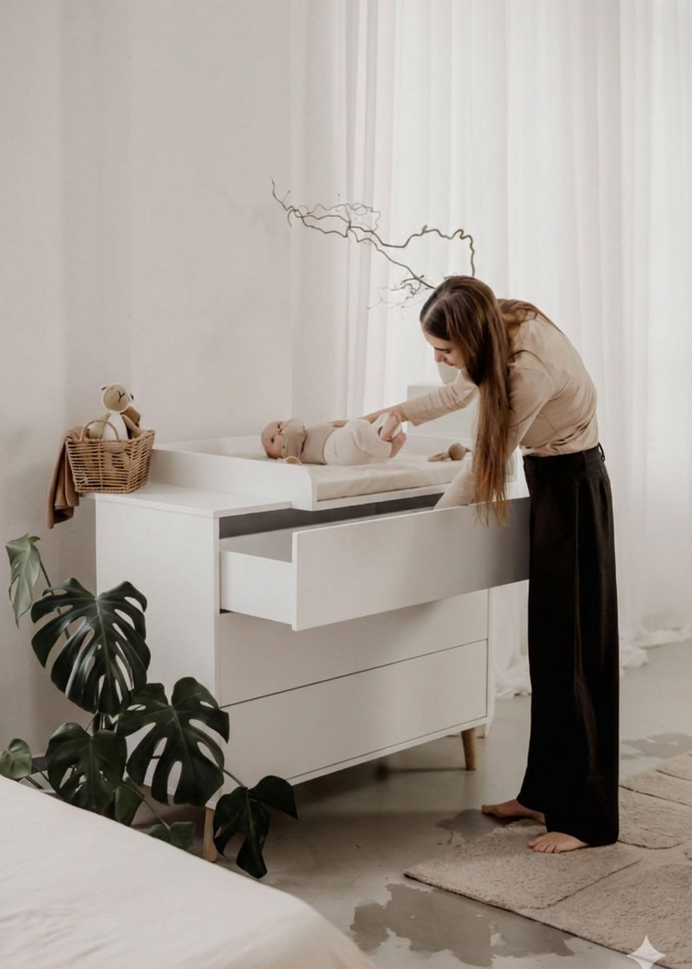 Sämann Wickelkommode EDEN – Push-to-Open, Touch-Close, abnehmbarer Wickelaufsatz & Schubladen mit Fächern (weiß)