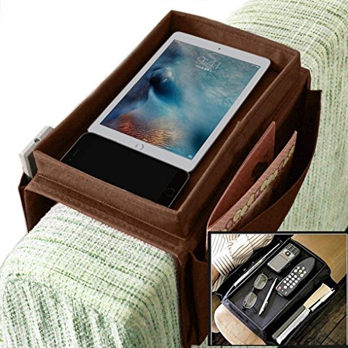 IPENNY Accoudoir Organisateur Sac de Rangement pour Accoudoir de Canapé avec Plateau et Multi-Pochette en Polyester pour Portable Tablette Bloc-Notes Tasse Magazine Livre Télécommande TV