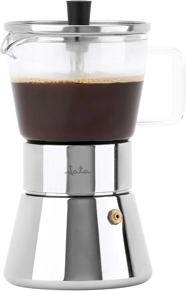 JATA HOGAR HCAF5507 - Cafetera Italiana Inducción 6 Tazas (240 ml) Acero Inoxidable con Jarra de Borosilicato, Moka para Café Espresso, Apta para Inducción, Gas y Vitro, Libre BPA