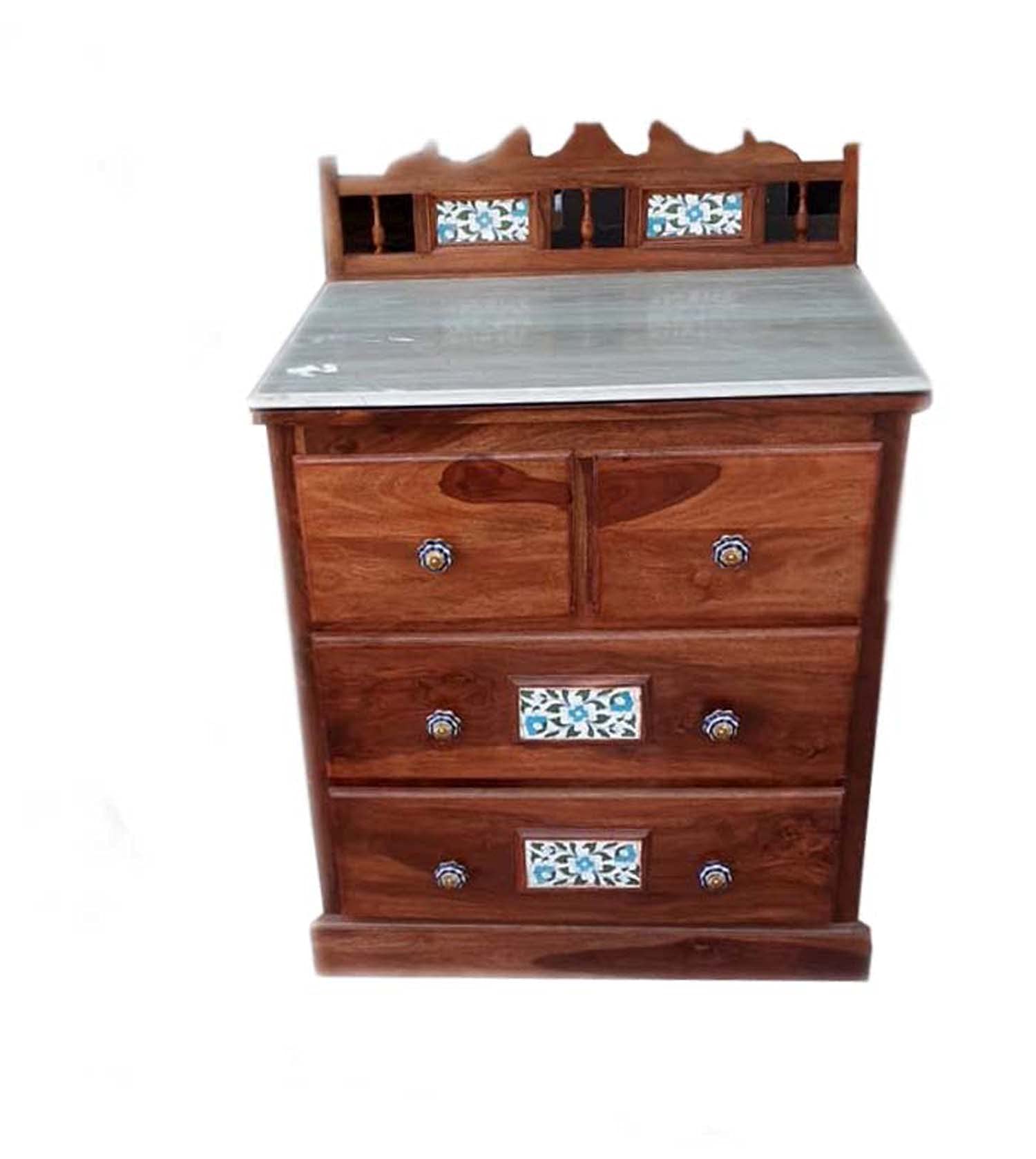 Kamoni Exclusive Solid Rosewood (Sheesham) Cabinet/Chest of Drawer with Marble Top, Lacquer Finish Honey Brown, Size: 32x30x24 inch-image-3