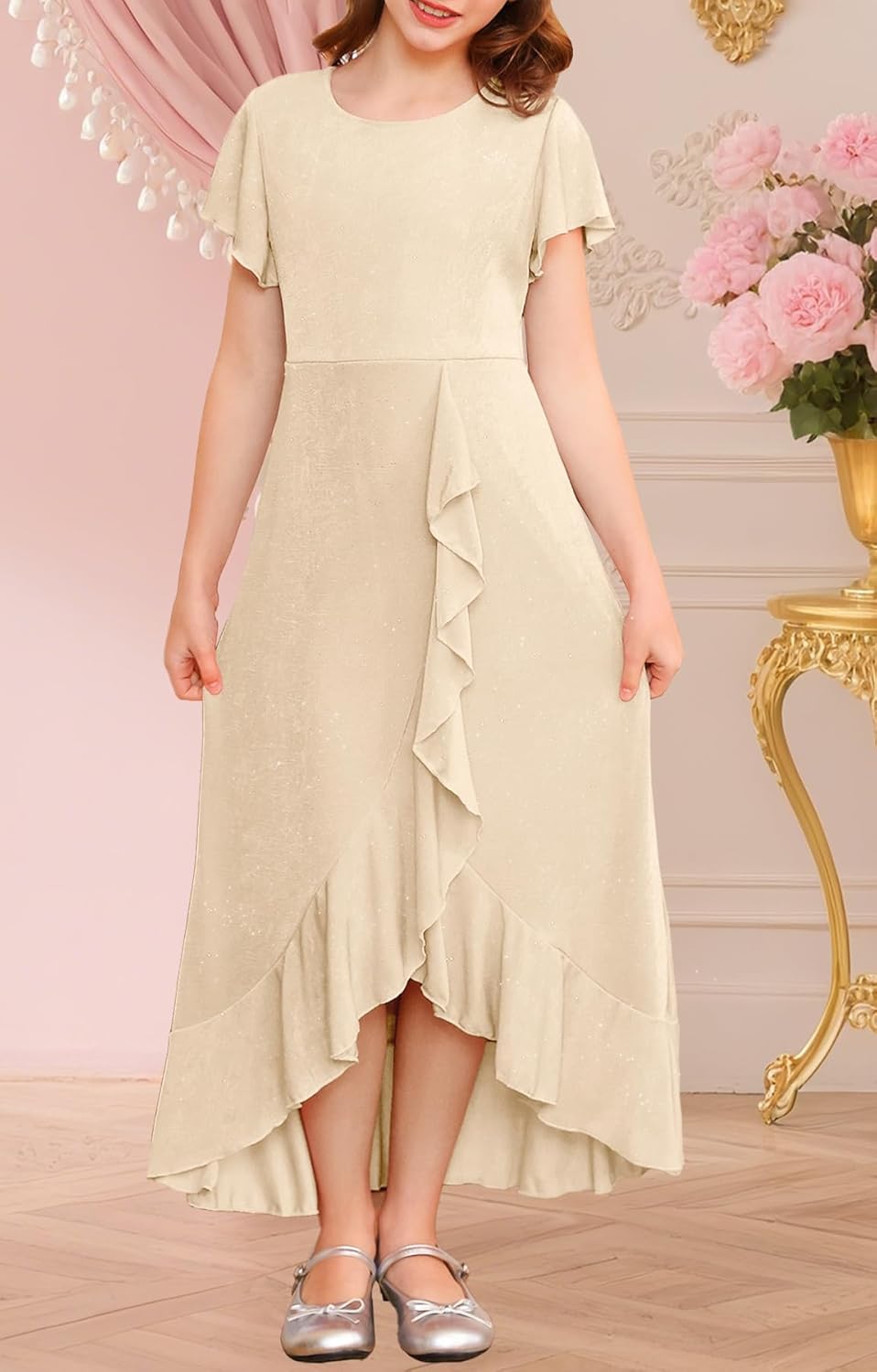 HOSIKA Girls Sequin Junior Bridesmaid Dresses Ruffle Flowy Long Tween Formal Dress for Wedding Birthday Party Dance Gown - Image 2