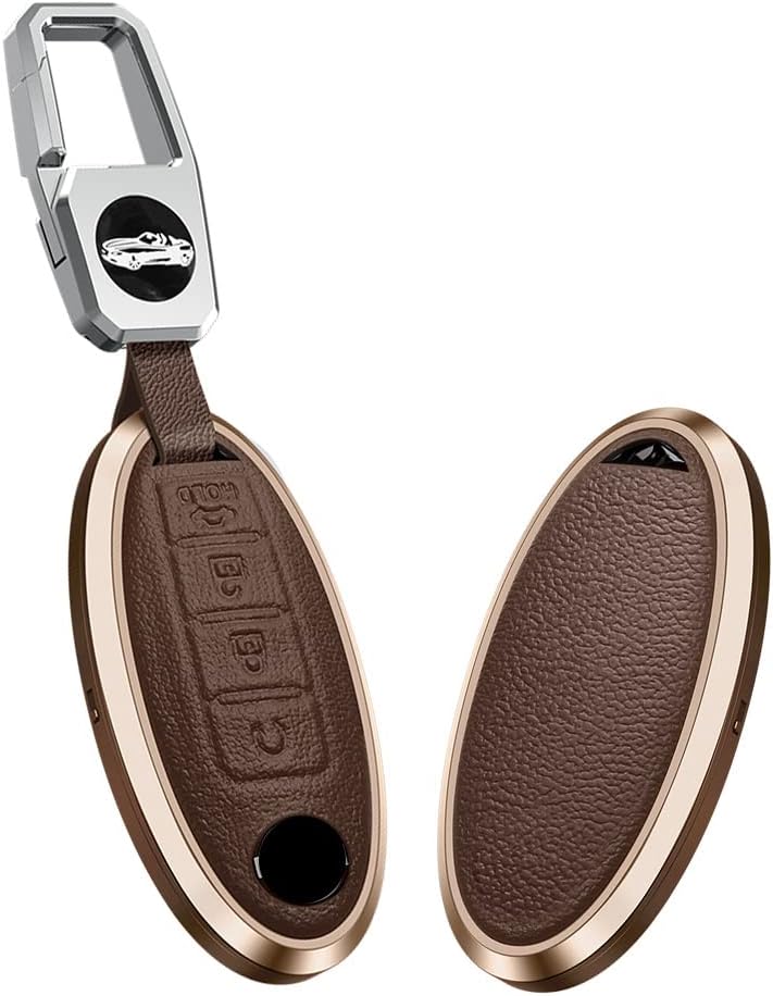 KUNIO Car Key Fob Cover Fit for Nissan Altima Pathfinder Juke Infiniti Key Protective Cover Keychain Leather Metal Key Holder
