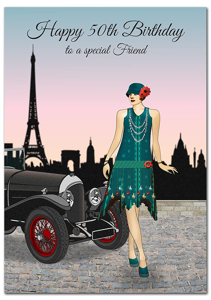 Extra Large Friend 50th Birthday Card - XL Big thick A4 size - Special Age Year Greeting Her Women Female - Beautiful Art Paris Sunrise Car Flapper - Nice Huge Happy Wishes UK Eco-Friendly