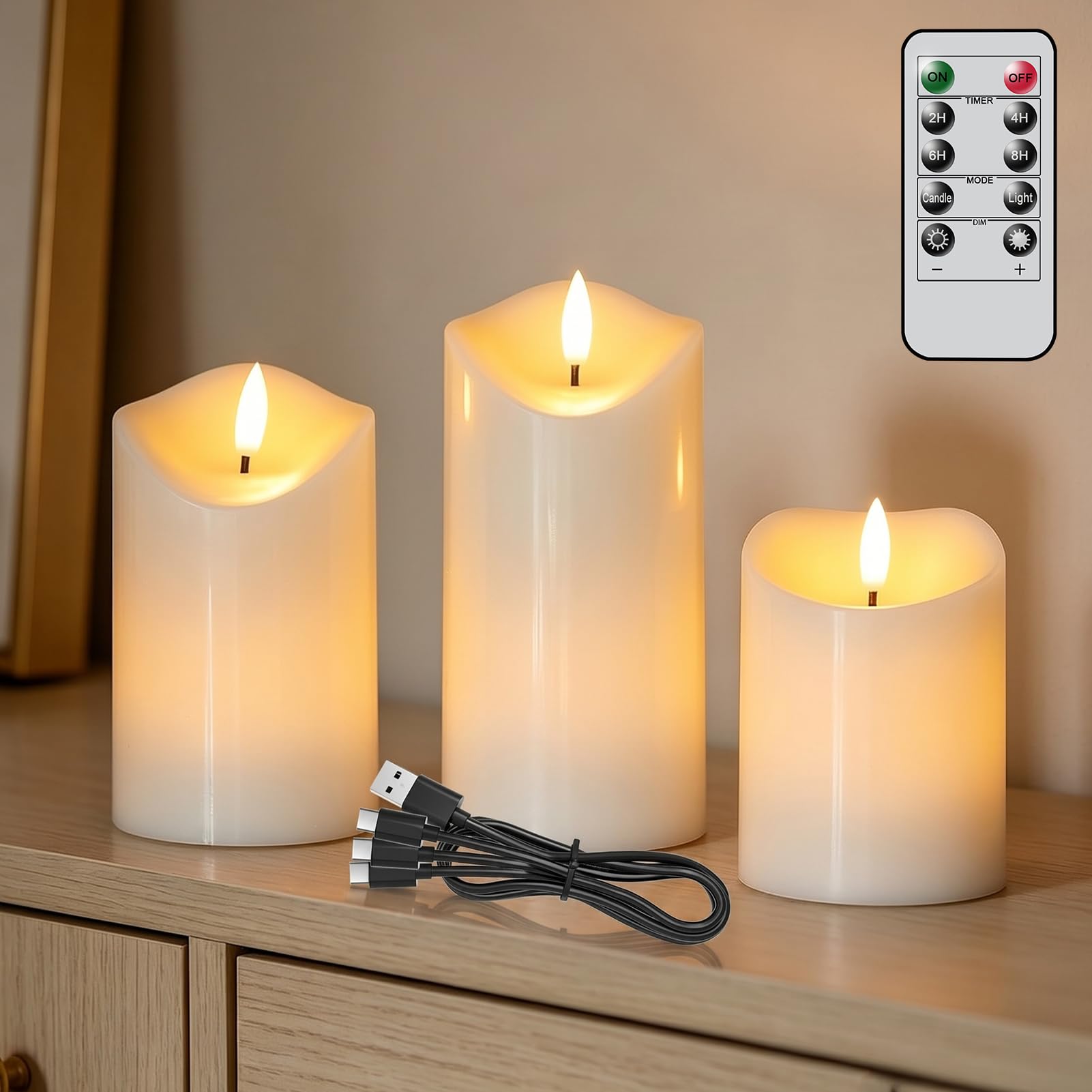 Candele ricaricabili senza fiamma, a batteria, con telecomando e timer, candele a LED tremolanti, alimentate tramite USB, stoppino 3D bianco, in vera cera, set di 3 decorazioni per cene