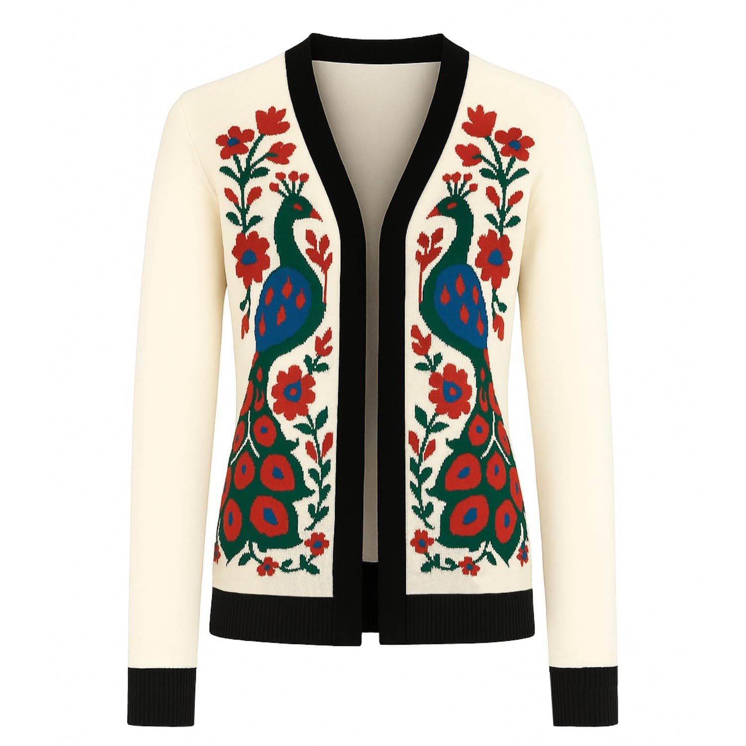 OXKNIT Knitted Jacquard Cardigan Sweaters for Women Fashion Peacock Pattern Vintage Beige Long Sleeve Tops